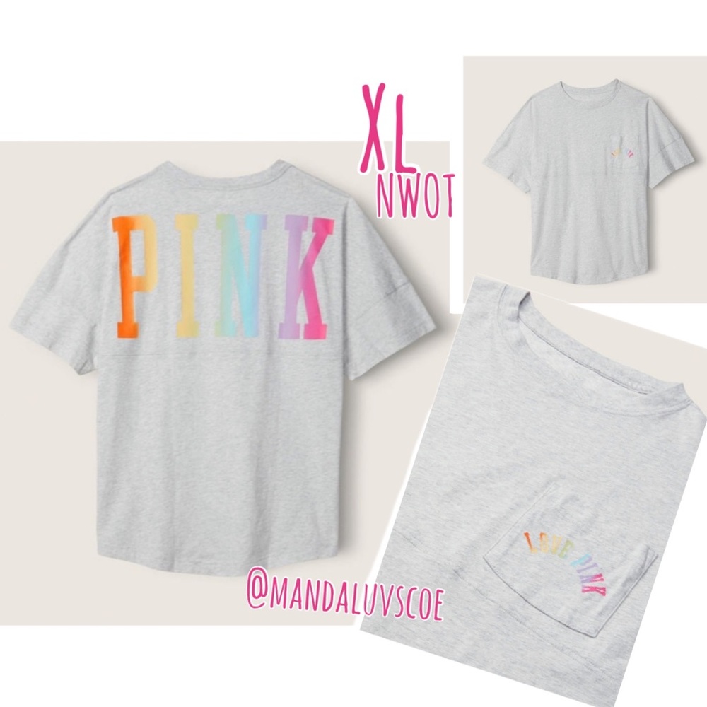 💗VS PINK NEON GREY RAINBOW OMBRE VARSITY SHORT SLEEVE CREW TEE - Picture 3 of 9